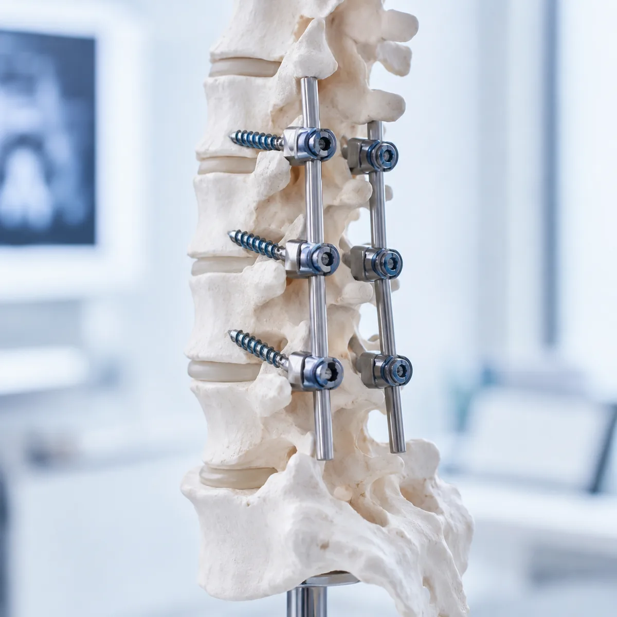 Titanium spinal fixation system assembled on an anatomic model